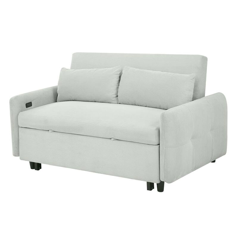 57.48" Corduroy Convertible Sofa Bed with Pull-Out Sleeper, Adjustable Backrest & USB