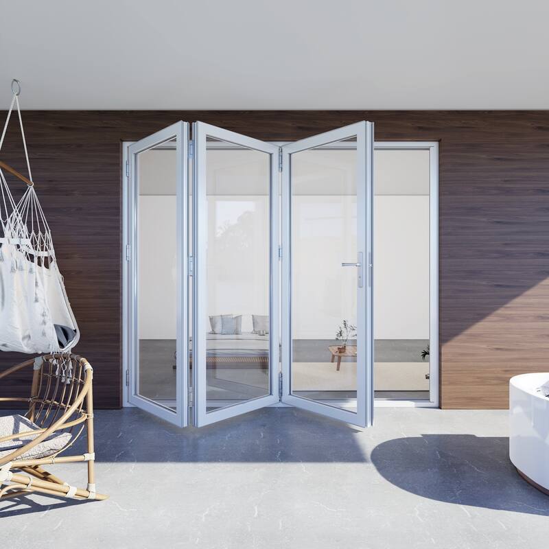 KaMic 108"×80" 3 Panels Aluminum Folding Door In White,Folded Out From Right To Left Model #: FD3PWH10880-RL