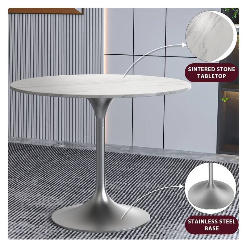 Verve 36" Round Dining Table with Stone Top and Brushed Chrome Base - 29.34" H x 35.43" W x 35.43" D