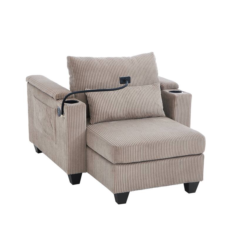 Anmytek 37.4" Convertible Chaise Lounge Sleeper Sofa Chair Corduroy with USB Ports Cup Holders Phone Holder Storage