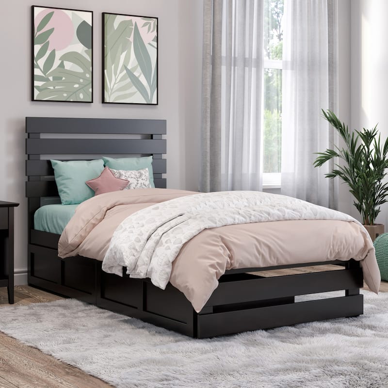 Oxford Twin Platform Bed with Matching Footboard & 2 Storage Drawers in Espresso