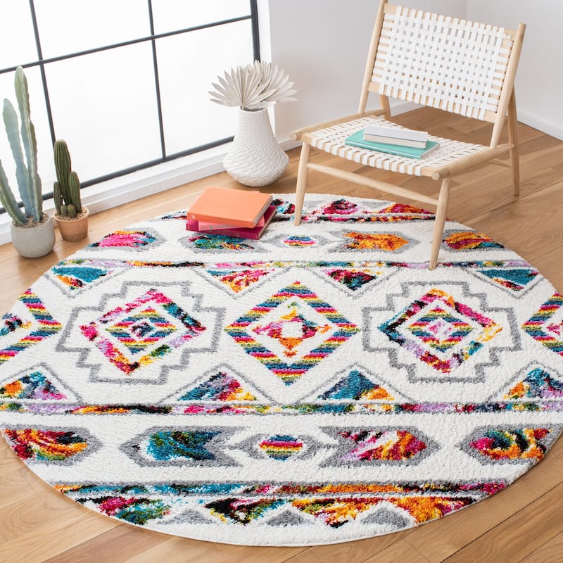 SAFAVIEH Fiesta Shag Noriko Moroccan Boho Rug - 4' Round - Cream/Multi