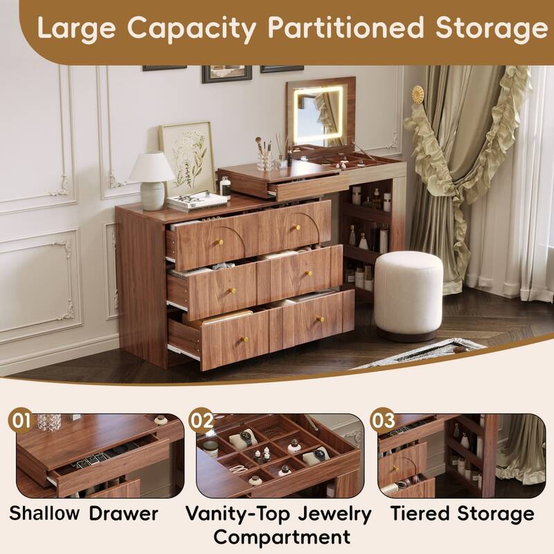 Vanity Desk Dresser Table with Flip-Top Lighted Mirror and 7 Drawers