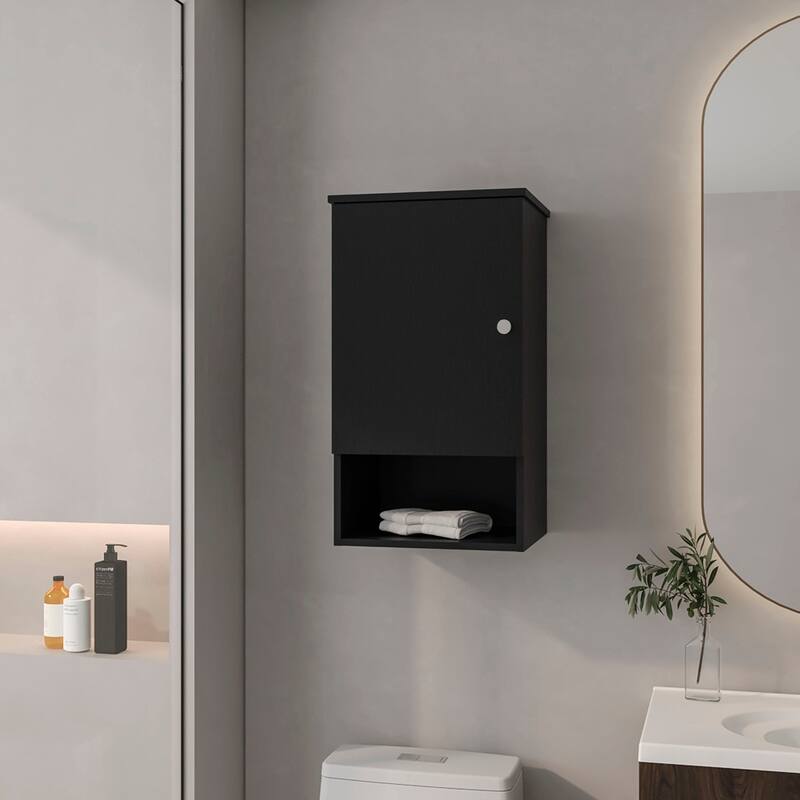 Medicine Cabinet with Single Door, Soft Close System and 3 Storage Shelves, Easy Assembly, Bathroom - 16.2X13.9 in - Black + Engineered Wood