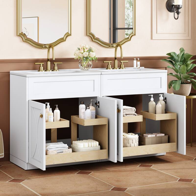 60"Bathroom Vanity with Ceramic Sink Combo, Modern Freestanding Storage Cabinet with Gold Handles, Soft Closing Doors