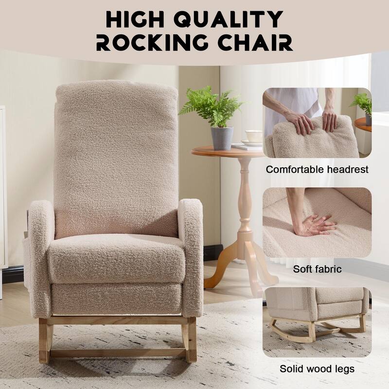 Wood Rocking Chair with Teddy Fabric and Side Pocket - 24.8"L x 29.5"W x 40.9"H