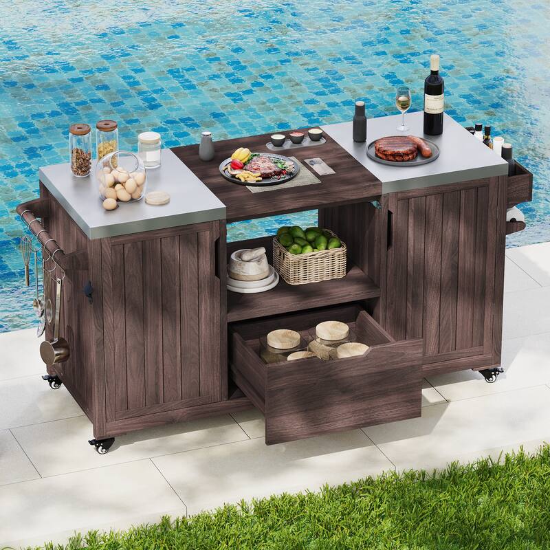 66.5" Solid Wood Outdoor Kitchen Island for Big Green Egg Grills with Stainless Steel Top & Drawer