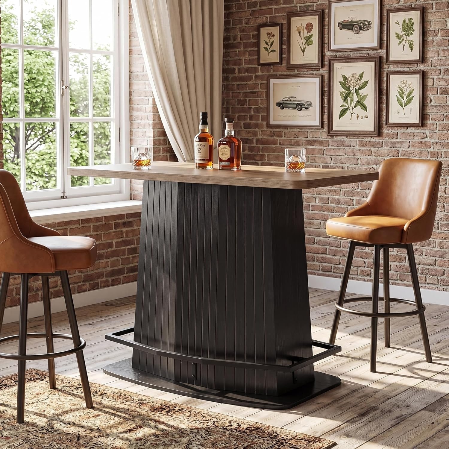 42-Inch Bar Table, Industrial Counter Height Pub Table with Fluted Pedestal Base & Metal Footrest