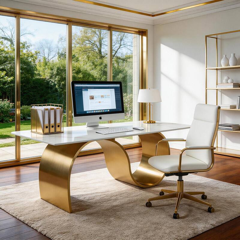 Luxury 78.7" Sintered Stone Office Executive Desk with Stainless Steel Base