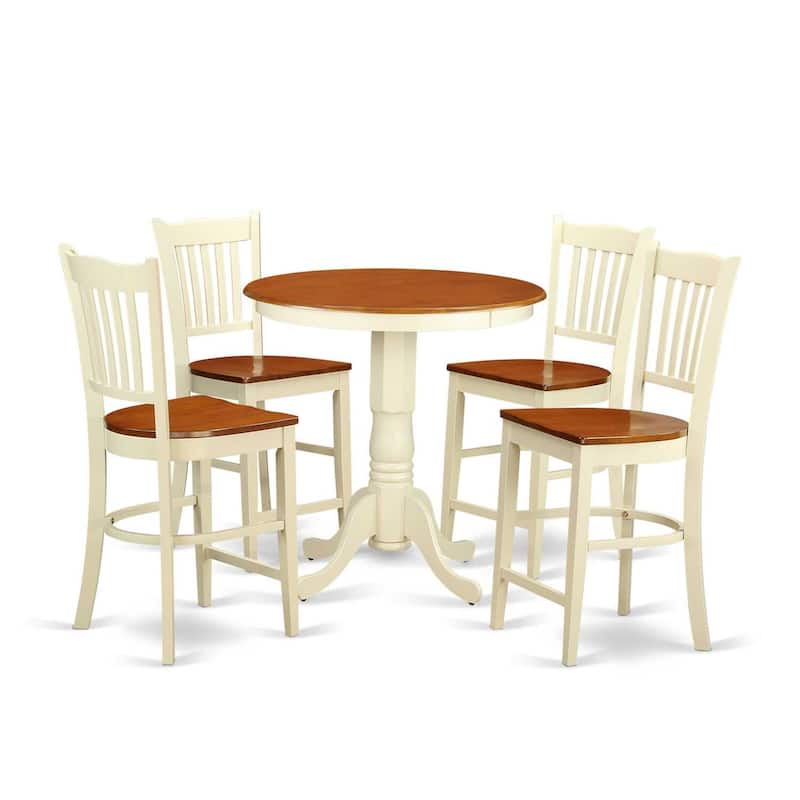 Counter Height Dining Set 5 Piece Boho Kitchen Table & Chairs - Round Wood Table, Buttermilk Cherry Finish