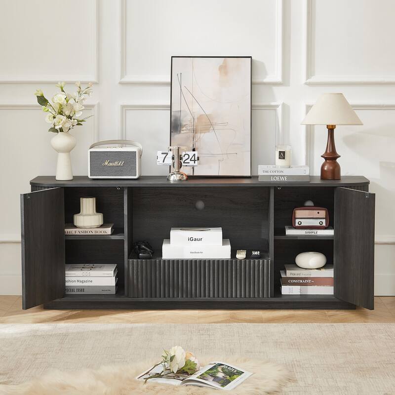 64-Inch Wavy TV Stand, Rounded Sideboard, Storage Cabinet, Wooden Vertical Stripe Cabinet