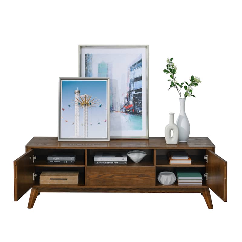 Wood TV Stand for 65" TV, Mid Century Modern Entertainment Center with Storage, Accent Media Console Table with Door & Drawer