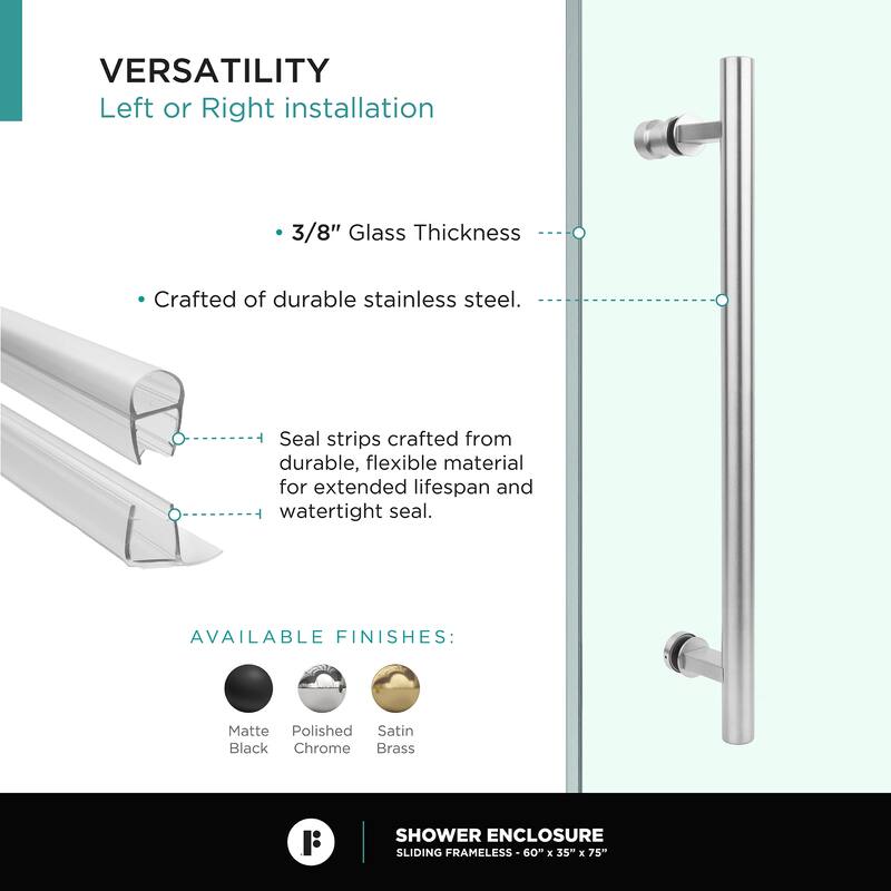 Fine Fixtures Frameless Shower Enclosure Sliding Shower Glass Door - Tempered Glass