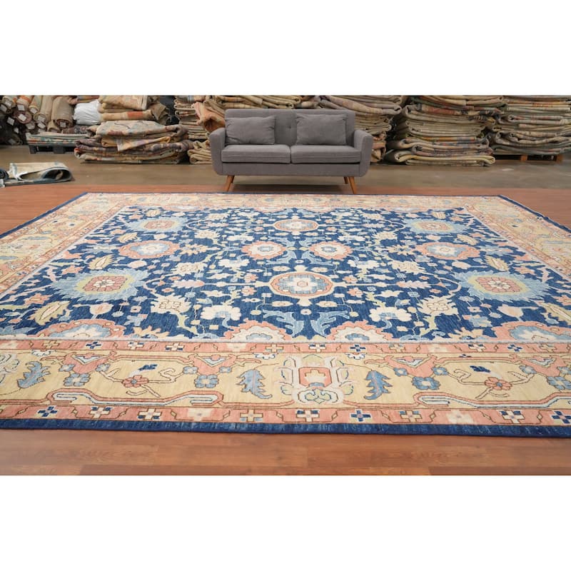 Hand Knotted Oriental 100% Wool Carpet Traditional All-Over Navy Blue & Blues Ziegler Area Rug - 14' 6'' X 12' 2''