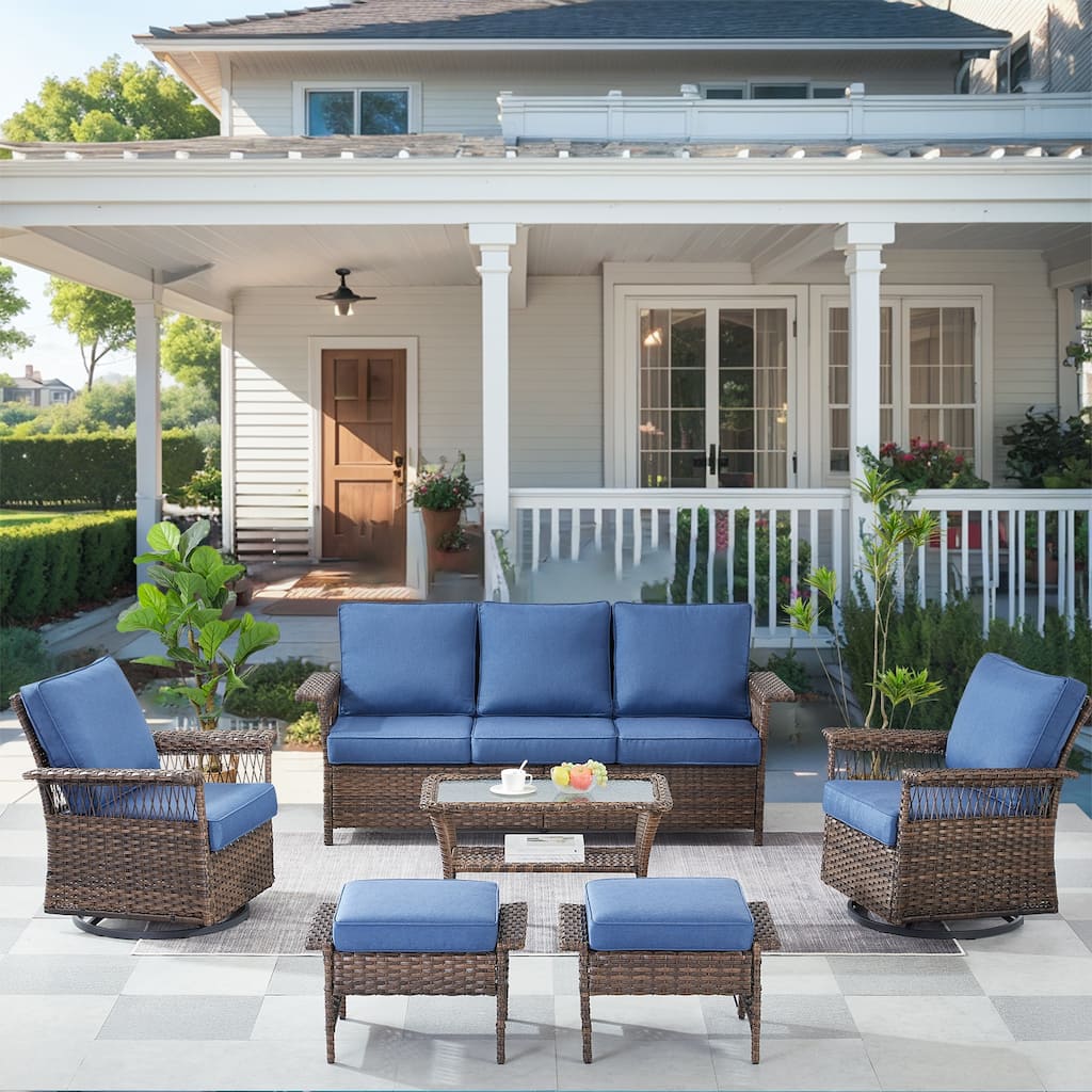Outdoor Patio Brown Sofa, Swivel Chair, Ottomans Table