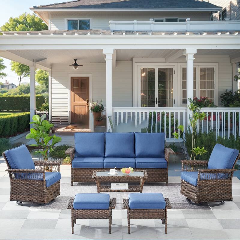 Pocassy Outdoor Swivel Chairs with Sofa Chair Ottoman and Table Set - Brown Wicker Blue Cushion - 6-Piece Sofa Swivel Chair Ottoman with Table