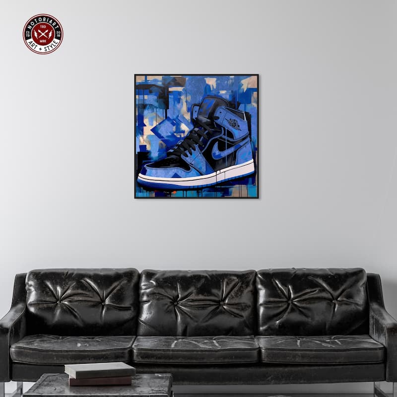 Notoriart Blue Brush Sneakers Framed Sneaker 1 Piece Canvas Wall Art