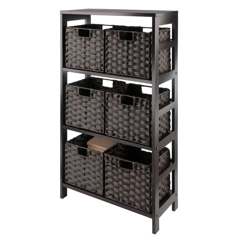 Leo 7-Pc Storage Shelf with 6 Foldable Woven Baskets, Espresso and Chocolate - 25.2 x 11.22 x 42 inches