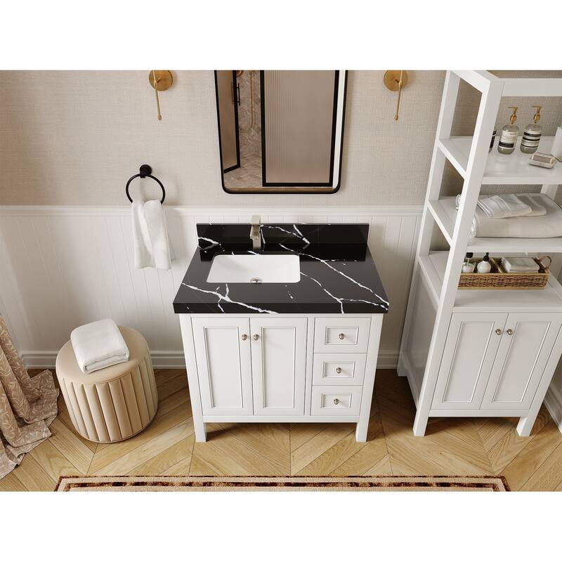 Willow Collections 36 in. W x 22 in. D Nashville Left Offset Sink Bathroom Vanity with Countertop - 2"Calacatta Black - White
