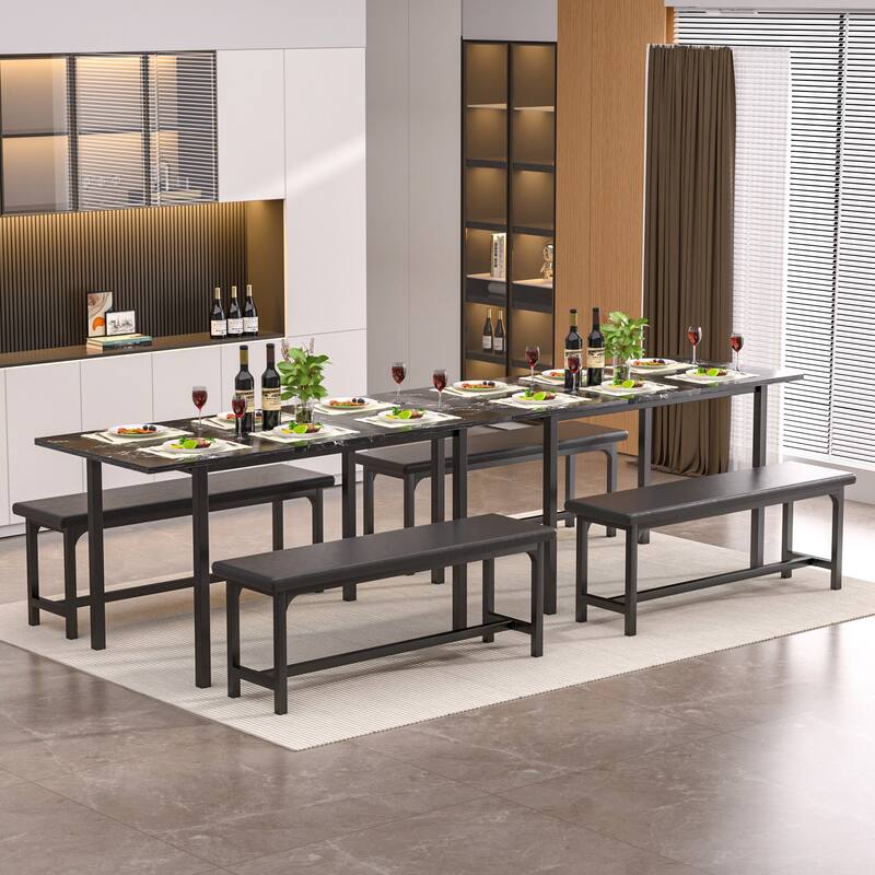 VECELO 3-Piece Dining Table Set with 2 Benches, 63" Extendable Kitchen Table & Chairs Set for 4-8, Dining Room Table