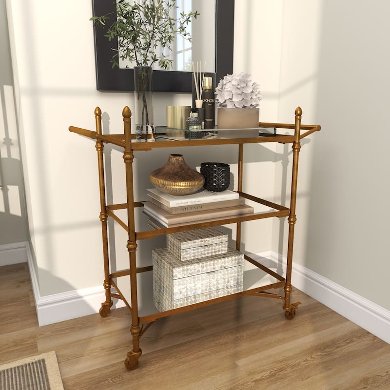 Brass Metal Rolling 3 Mirrored Shelves Bar Cart with Handles