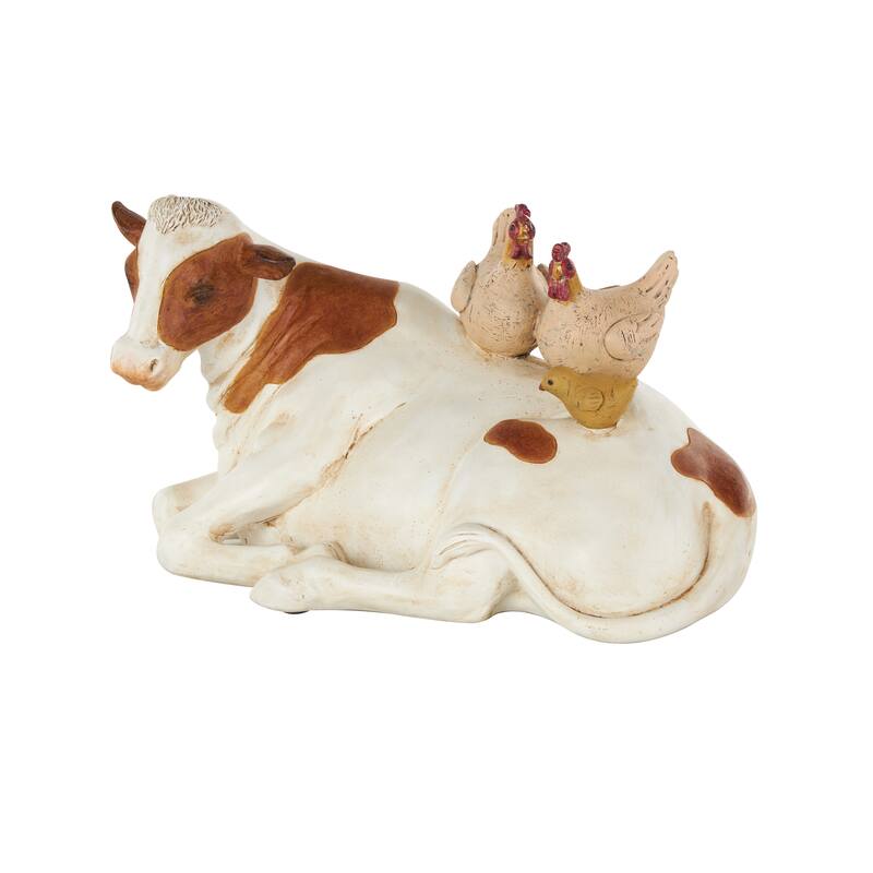 Polystone Cow Decorative Sculpture with Sitting Roosters and Chicks - Copper or Cream