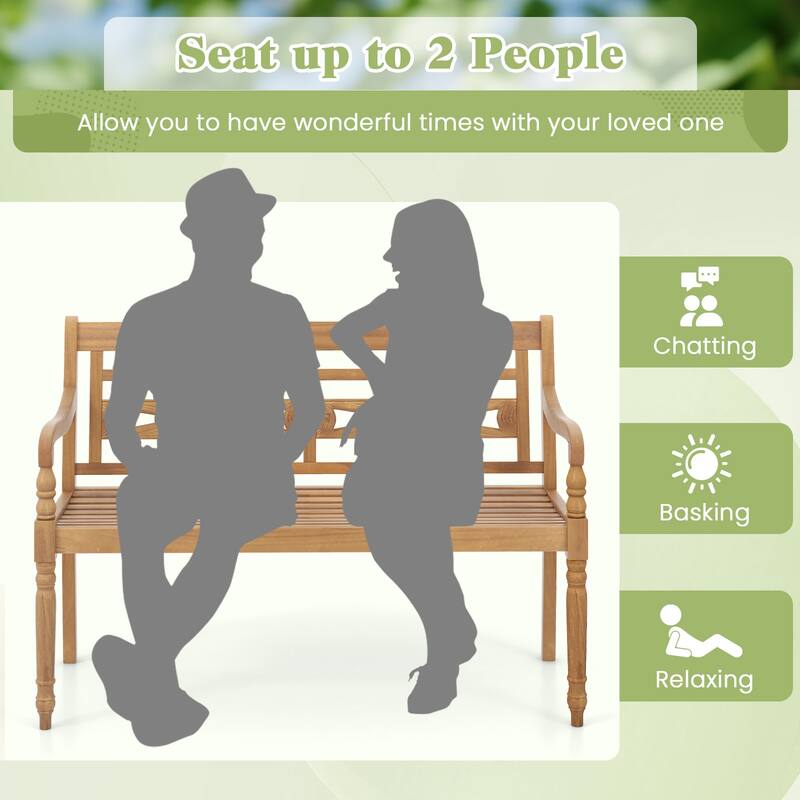 Teak Wood Patio Bench for 2 with Comfortable Backrest & Armrests - 47" L x 20" W x 32.5" H
