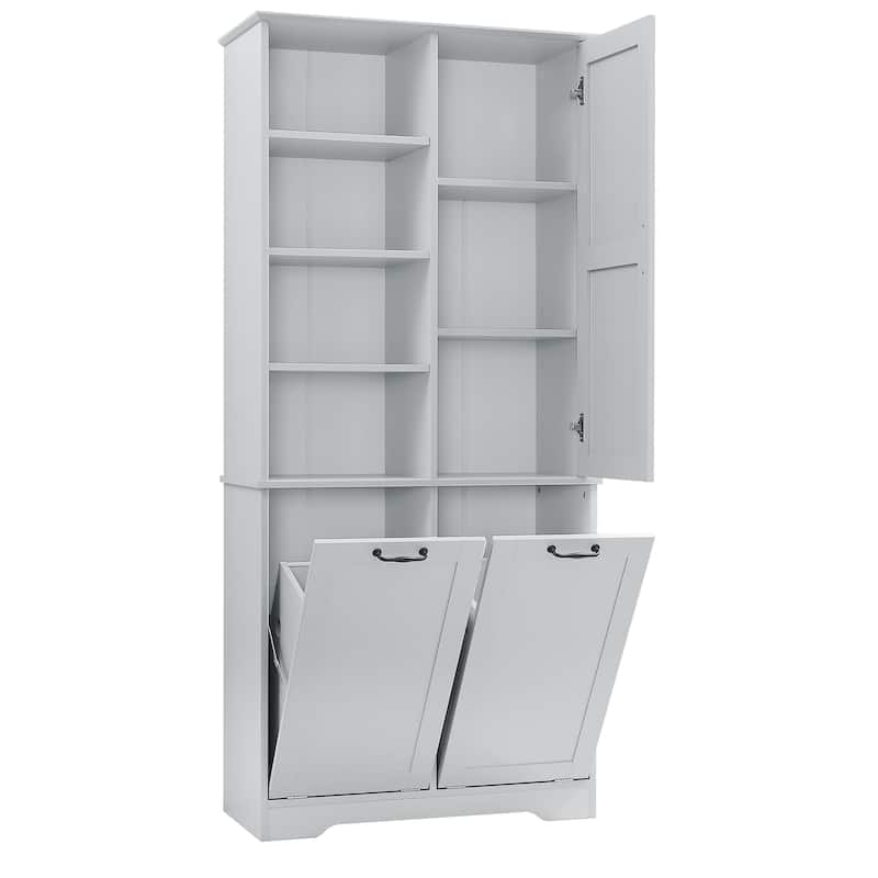 Bathroom Cabinet with Doors and Drawers,Tilt-Out Laundry Hamper,Multiple Space,Freestanding Style,Open Shelve, Adjustable Shelf