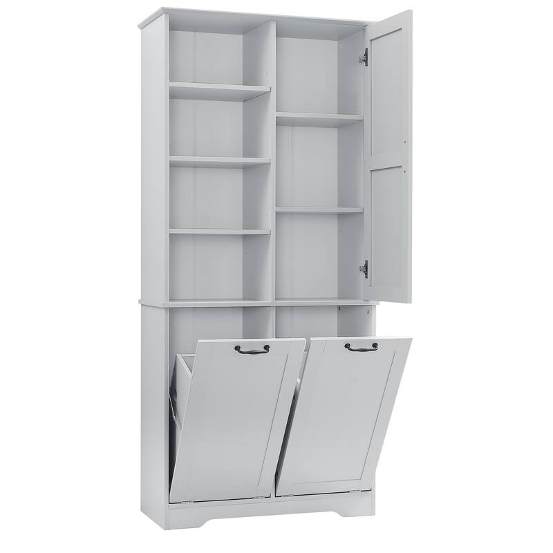 Roomfitters 68" Tall Bathroom Storage Cabinet with Dual Tilt-Out Laundry Hampers, Open Shelves & Adjustable Storage