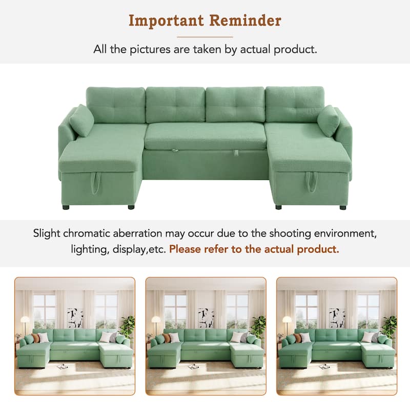 Teddy Fabric Sectional Sofa Convertible Sleeper Sofa Modern U-Shaped Couch Dual Storage Chaise Lounge with Pockets and USB Ports