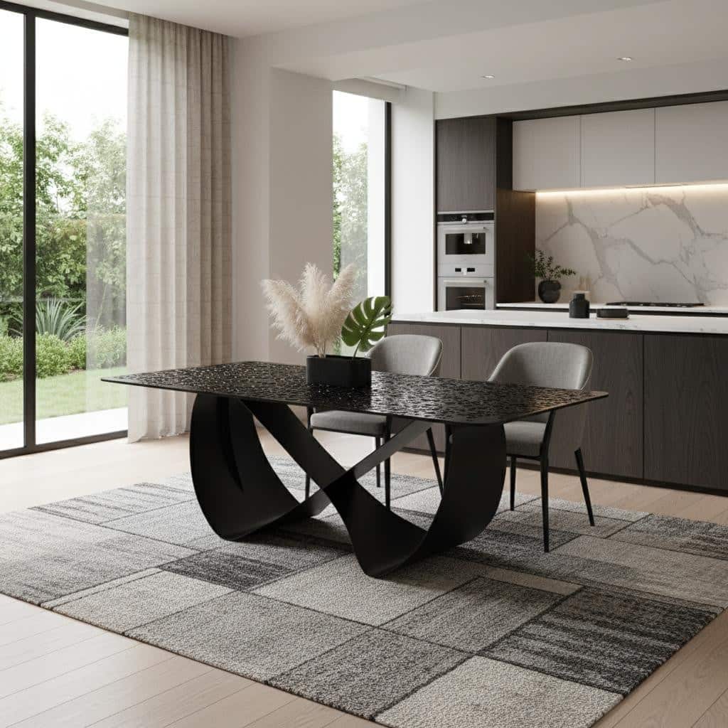 HomeRoots 94" Black Glass and Brass Double Geo Pedestal Base Dining Table - 94.00 in. x 30.00 in. x 47.00 in.