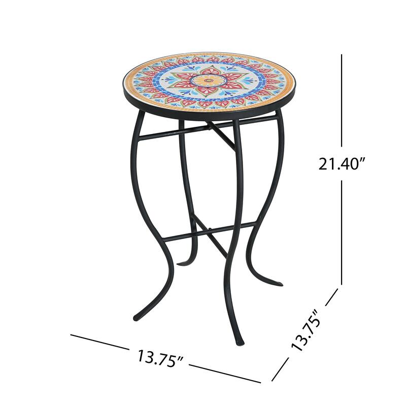 Han Outdoor Round Ceramic Tile Side Table with Iron Frame by Christopher Knight Home