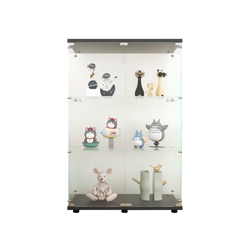 One-Door Glass Display Cabinet with 3 Shelves, Floor Standing Curio Bookshelf with Tempered Glass for Living Room Bedroom Office