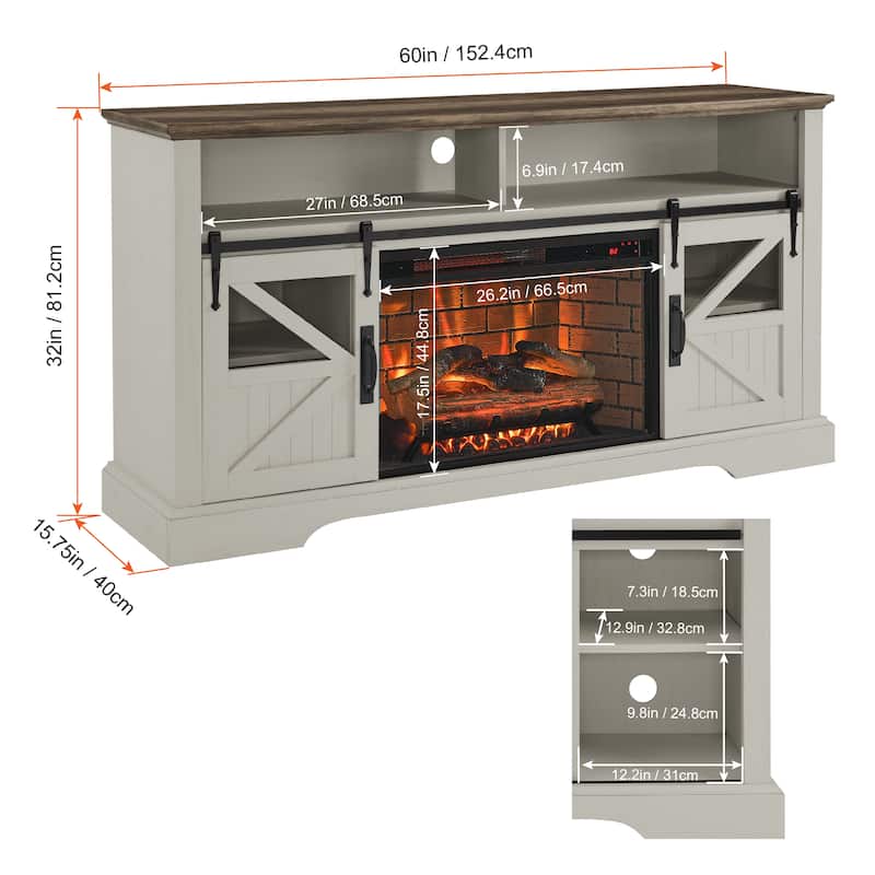 60 Inch Electric Fireplace Entertainment Center With Door Sensor-Jasmine white color