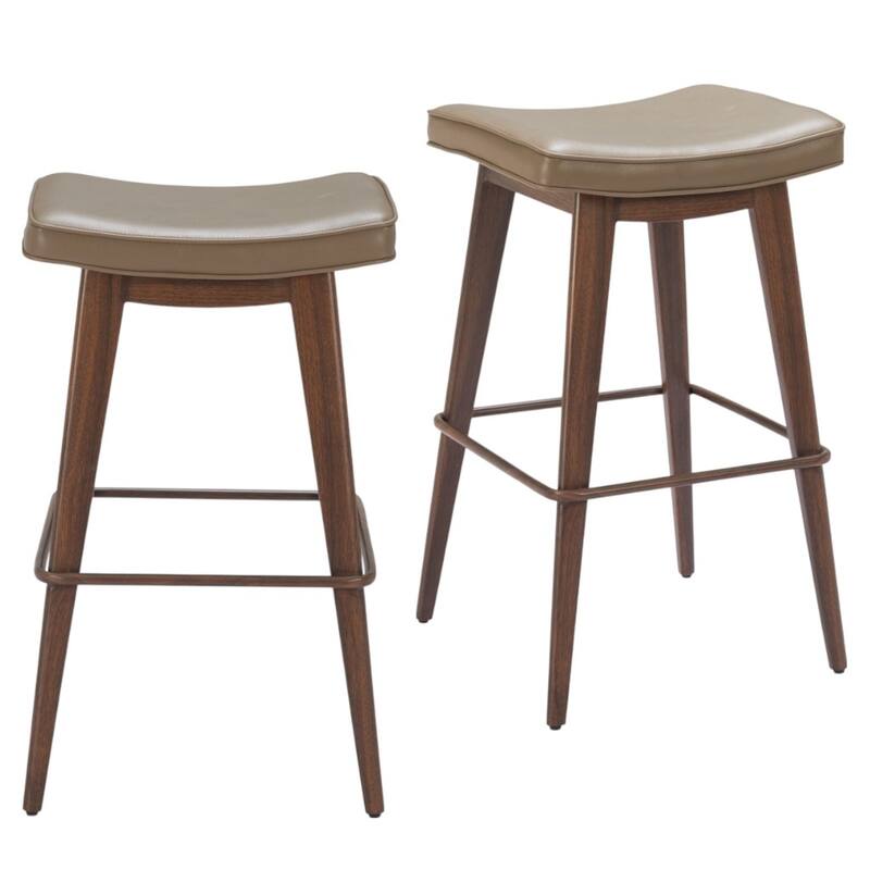 HomeRoots Set of Two 31" Taupe and Walnut Faux Leather and Steel Backless Bar Height Bar Chairs