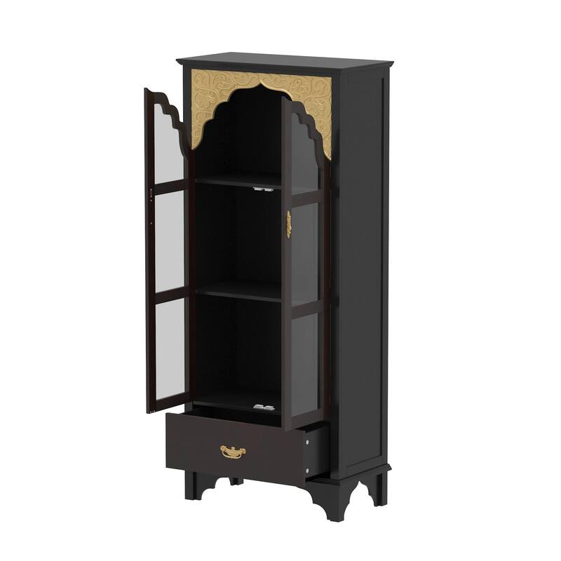 Boho Wood & MDF Display Cabinet with Tempered Glass Doors, Carved Arch Frame & Metal Handle Drawer