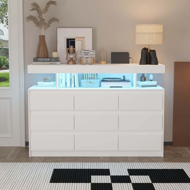 Modern 9-Drawer Dresser with RGB LED Lights and Built-in Power Strip - White Storage Chest