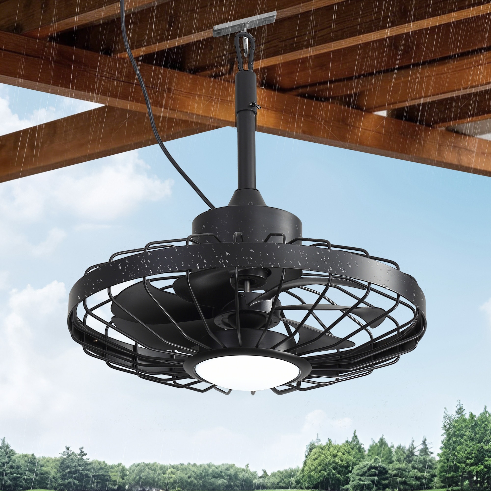 Sofucor 20"Outdoor Ceiling Fan with Lights,IP65 Waterproof Hanging Fan with Remote Control,Plug in Caged for Patio Porch Pergola