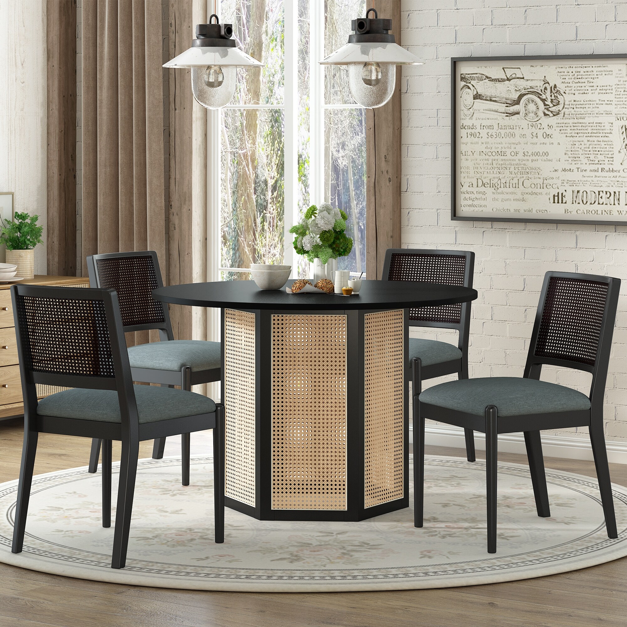 5 Piece Rattan Round Dining Table Set Kitchen Table Set with Hexagonal Base and Upholstered Chairs for Dining Room Kitchen Black Gray