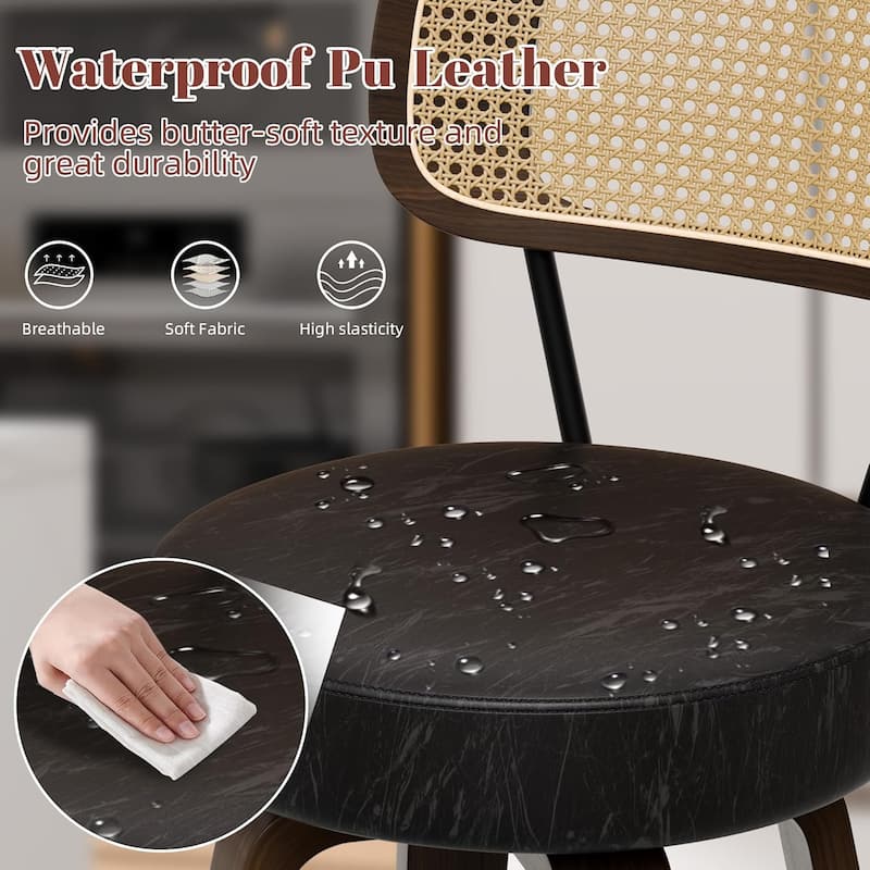 XINMICS 26 Inches Swivel Counter Height Bar Stools with PE Rattan Back, Faux Leather Upholstered Bar Chairs, Set of 2/3/4