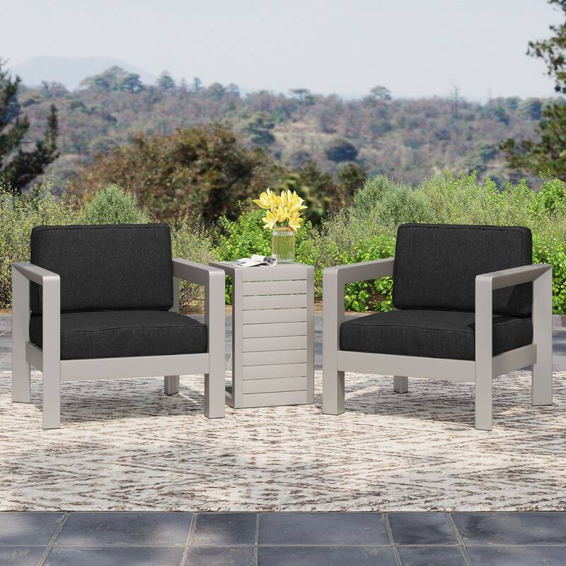 Aviara Outdoor Aluminum Club Chairs with Side Table by Christopher Knight Home - sliver + gray