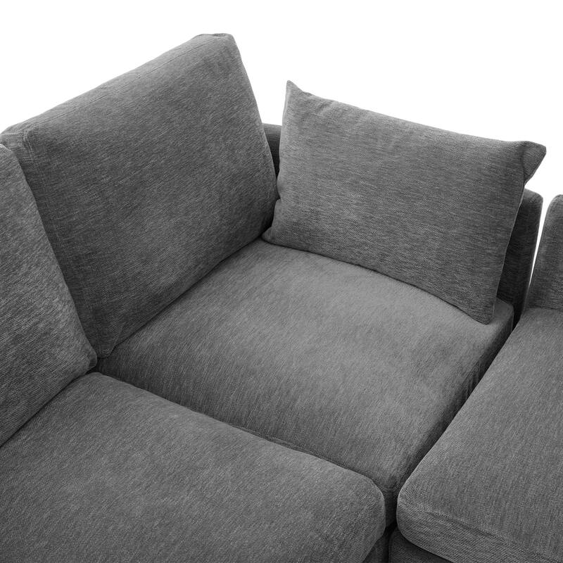 U Shaped Modular Sectional Sofa with Movable Ottoman, Chenille Upholstered 5-Seater Sofa with 2 USB Ports & Phone Holder