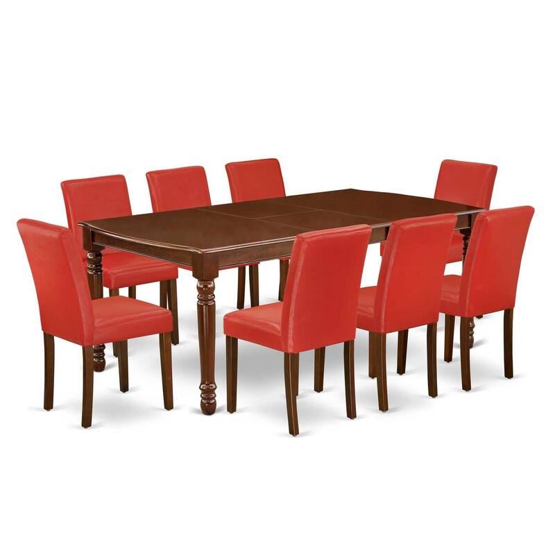 Rectangle Dining Table Set 9Pc 60-78 Inch Table w/ Leaf & 8 Chairs - Firebrick Red