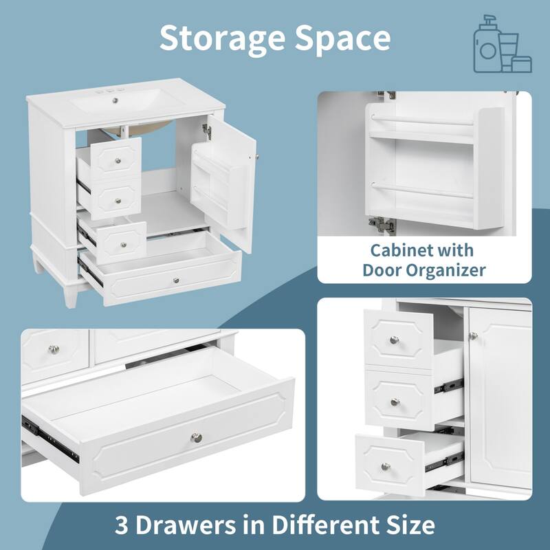 30 " Bathroom Vanity with Sink, Drawers, and Storage Shelves