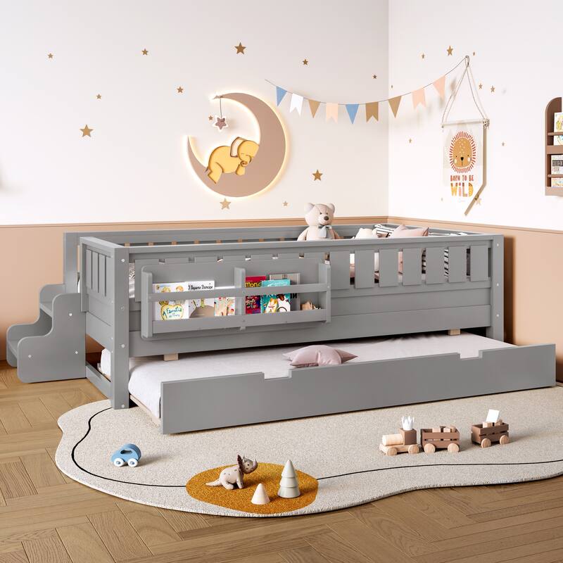 Full/Twin Loft Bed with Bookshelves, Safety Stairs & Trundle