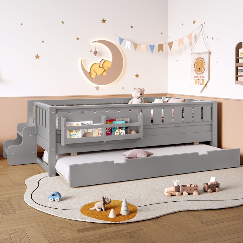 Montessori Toddler Bed with Fence, Low Profile Platform Bed for Kids with Trundle, Built-in Bookshelf and Small Staircase