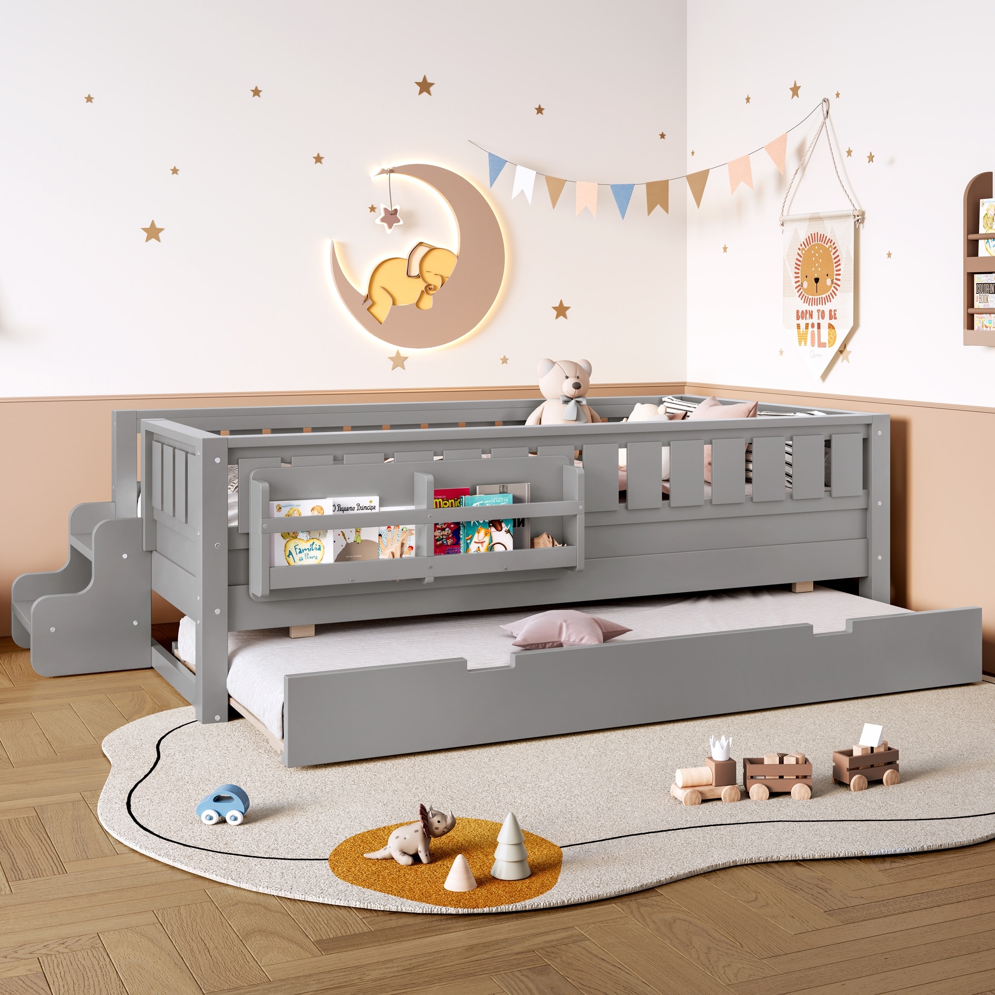 Twin With Built-In Bookshelves And Small Staircase, High-Quality Safety Rails, And Trundle