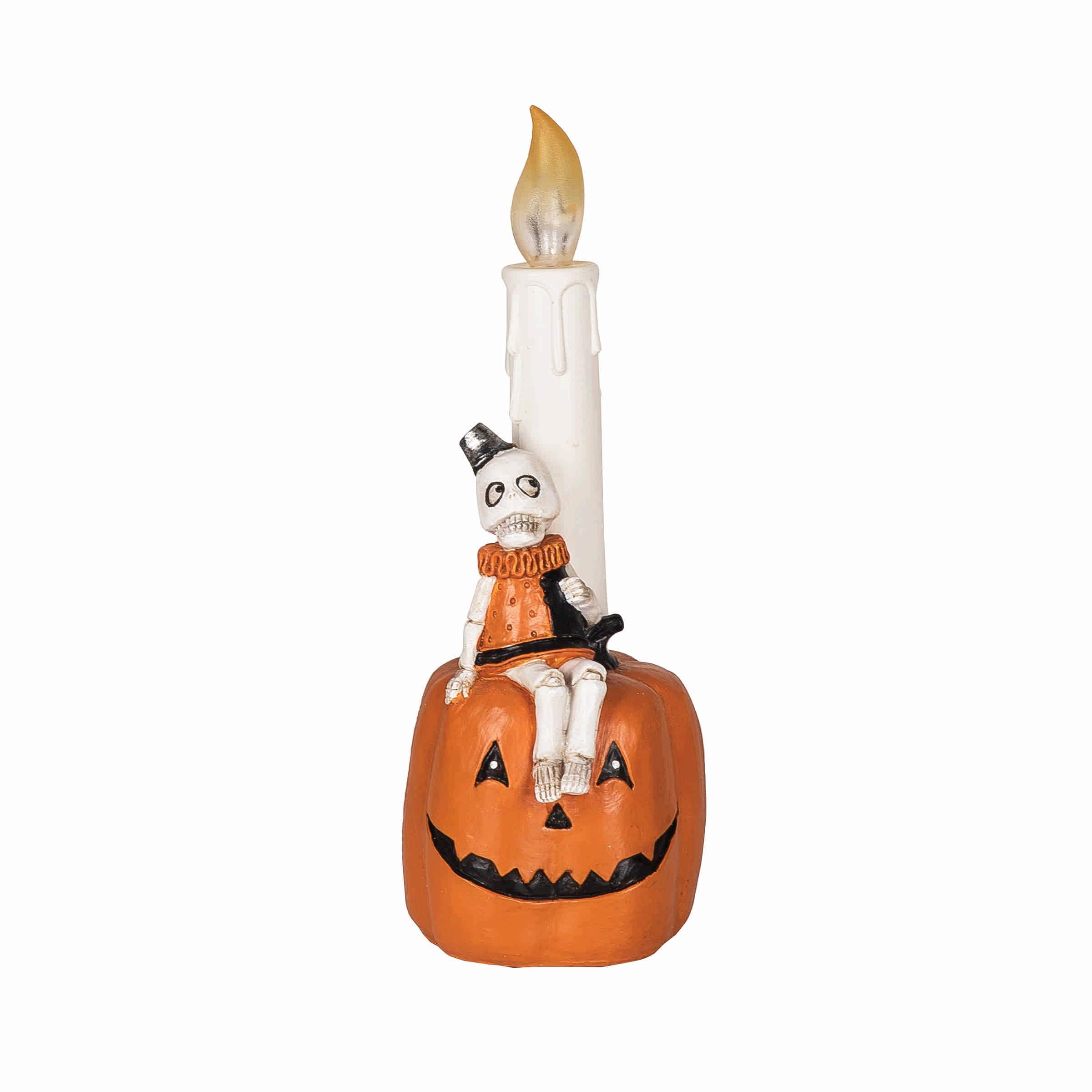 Skeleton Sitting on Jack O Lantern Candle Halloween LED Figurine