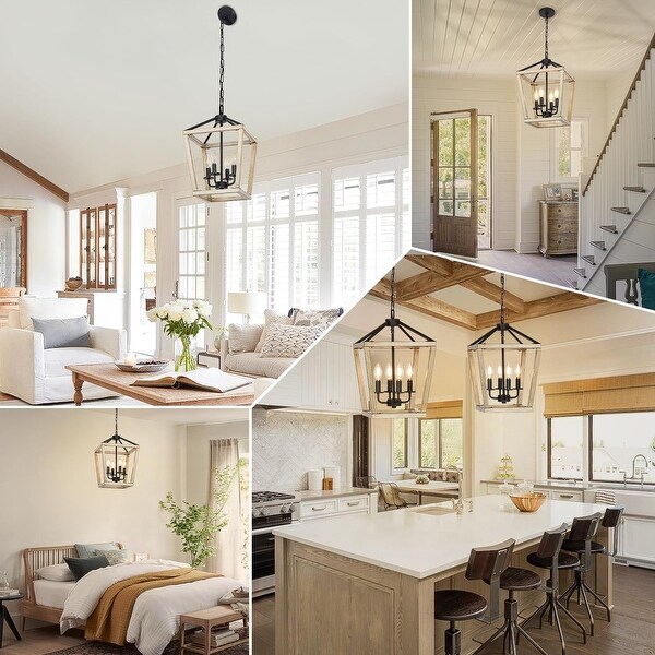 4 Light Chandelier Fixture Farmhouse Light Fixtures Geometric Metal Cage Modern Ceiling Light with Adjustable Height Oak