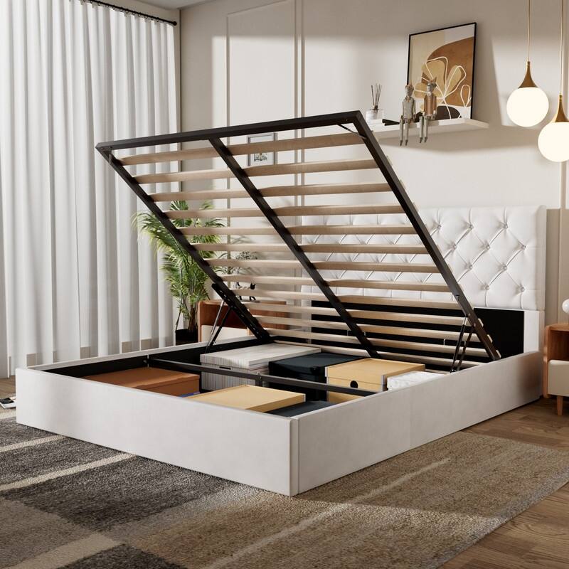 Plywood Frame Upholstered Platform Bed with Lift-up Storage Supported by Metal and Wooden Slats